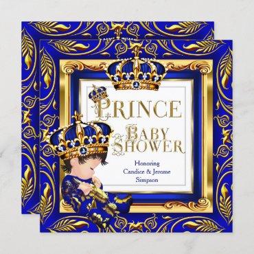 Royal Prince Baby Shower Blue Gold Crown Brunette  Invitation