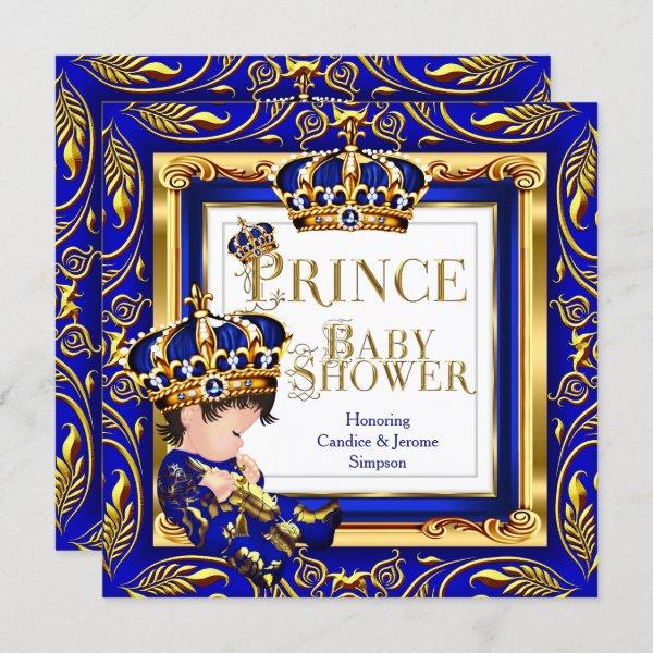 Royal Prince Baby Shower Blue Gold Crown Brunette