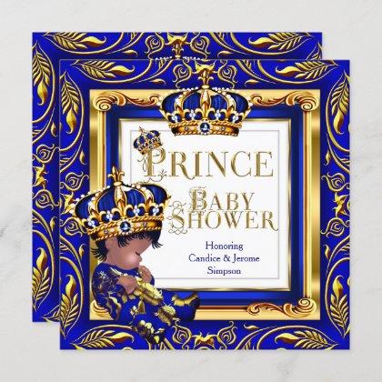 Royal Prince Baby Shower Blue Gold Crown Ethnic Invitation