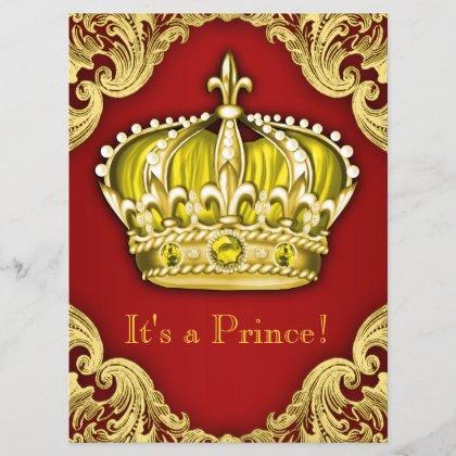 Royal Prince Baby Shower Red and Gold Invitation