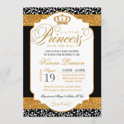 Royal Princess Black White Gold Damask Baby Shower Invitation