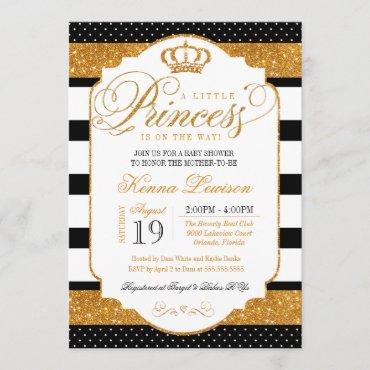 Royal Princess Black White Stripe Gold Baby Shower Invitation
