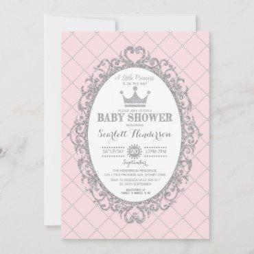 Royal Princess Crown Pink Silver Baby Shower Invitation