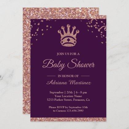 Royal Princess Rose Gold Glitter Baby Shower Invitation