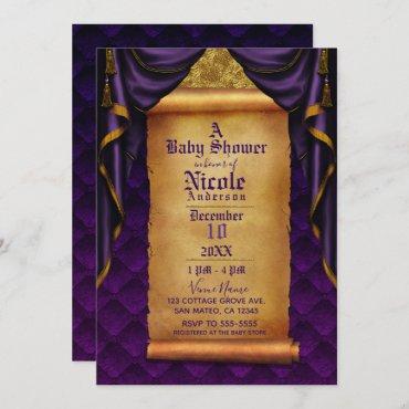 Royal Purple & Gold Drapes Scroll Baby Shower Invitation