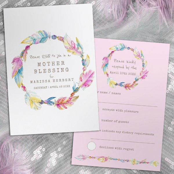 RSVP boho feather pink tribal baby blessing