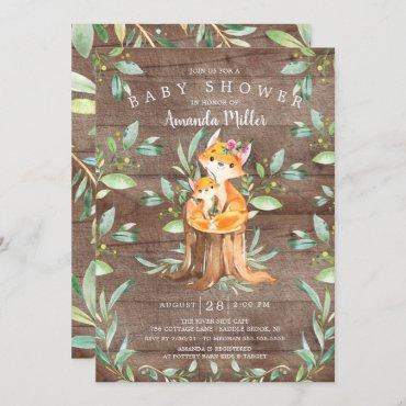 Rustic Baby Fox and Mom Baby Shower Invitation
