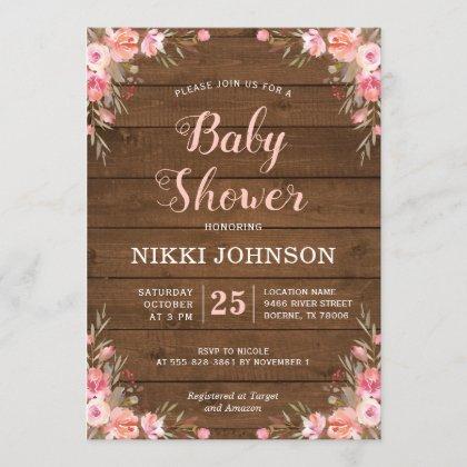 Rustic Baby Girl Shower Country Chic Floral Wood Invitation