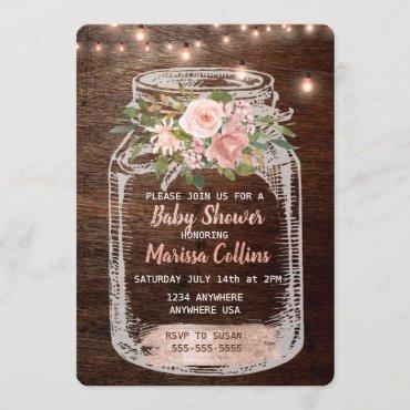 Rustic Baby Shower, Mason Jar Lights Boho Floral Invitation