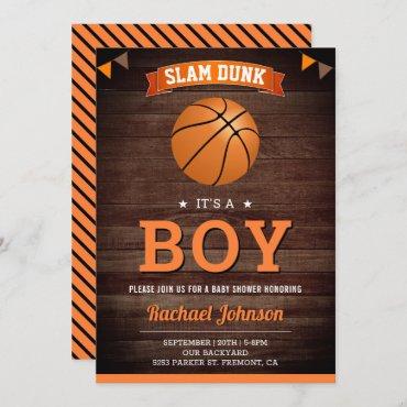 Rustic Barn Wood Sports Boy Basketball Baby Shower Invitation