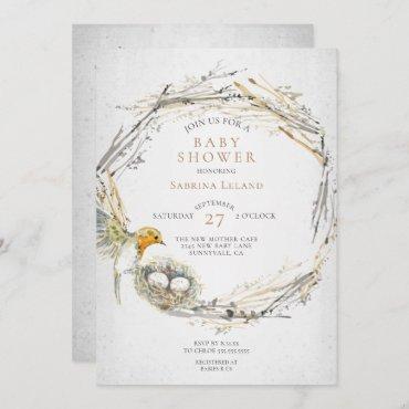 Rustic Bird and Nest Watercolor Twins Baby Shower Invitation