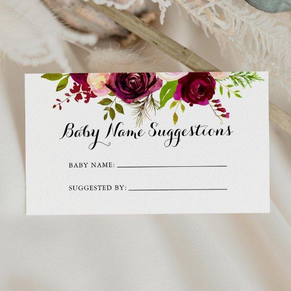 Rustic Blush Burgundy Baby Name Suggestions Card