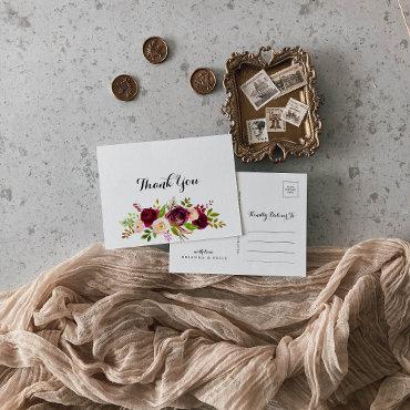 Rustic Blush Burgundy Floral Calligraphy Thank You Postcard