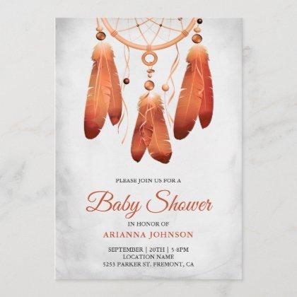 Rustic Boho Peach Dream Catcher Baby Shower Invitation