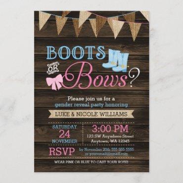 Rustic Boots or Bows Gender Reveal Baby Shower Invitation