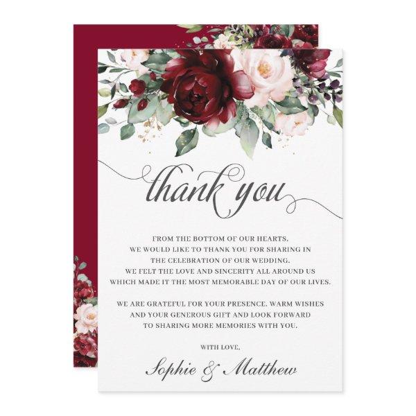 Rustic Chic Burgundy Blush Floral Wedding Bridal   Thank You Card