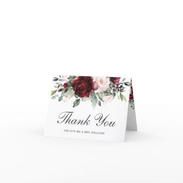 Rustic Chic Burgundy Blush Floral Wedding Bridal  Thank You Card