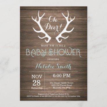 Rustic Deer Antler Baby Shower Invitation Aqua