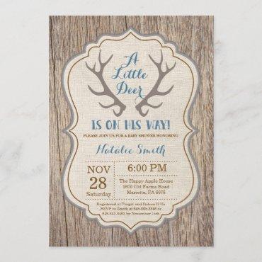 Rustic Deer Antler Blue Boy Baby Shower Invitation