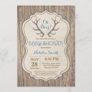 Rustic Deer Antler Oh Deer Boy Baby Shower Invitation