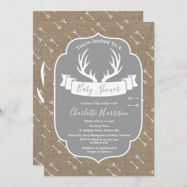 Rustic Deer Antlers Gray & Faux Burlap Baby Shower Invitation