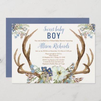 Rustic deer antlers Sweet boy Virtual Baby Shower Invitation