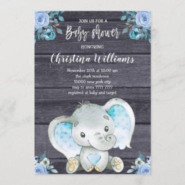 Rustic Elephant Blue Floral Boy Baby Shower Invitation