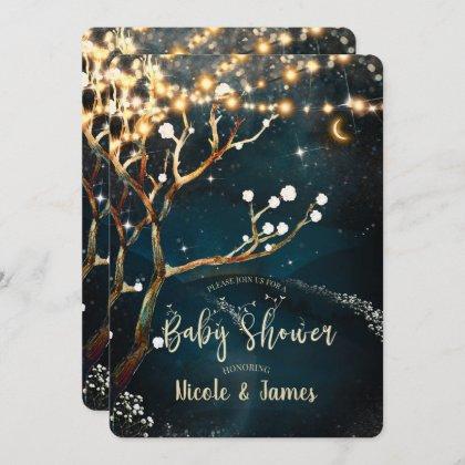 Rustic Evening Tree Lights Starry Baby Shower Invitation