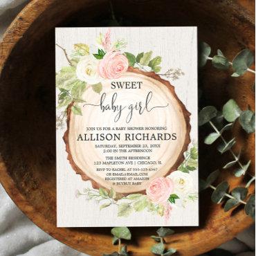Rustic floral girl baby shower woodland blush pink
