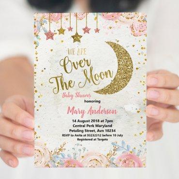 Rustic Glitter Gold Moon Baby Shower for girl
