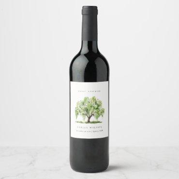 Rustic Green Watercolor Willow Tree Baby Shower Wine Label