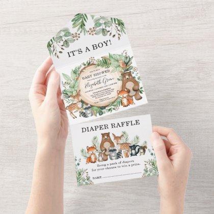 Rustic Greenery Woodland Animals Boy Baby Shower All In One Invitation