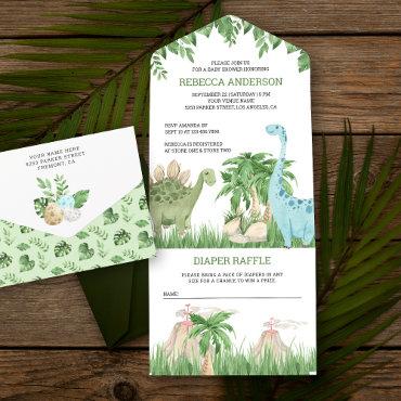 Rustic Jungle Watercolor Cute Dinosaur Baby Shower All In One