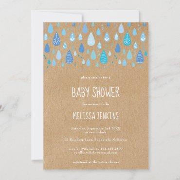 Rustic Kraft Cute Blue Raindrops Boy Baby Shower