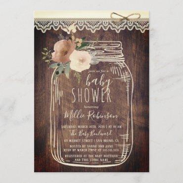 Rustic Lace & Twine | Floral Mason Jar Baby Shower Invitation