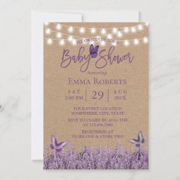 Rustic Lavender Floral Butterfly Kraft Baby Shower Invitation