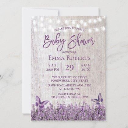 Rustic Lavender Floral Butterfly Wood Baby Shower Invitation
