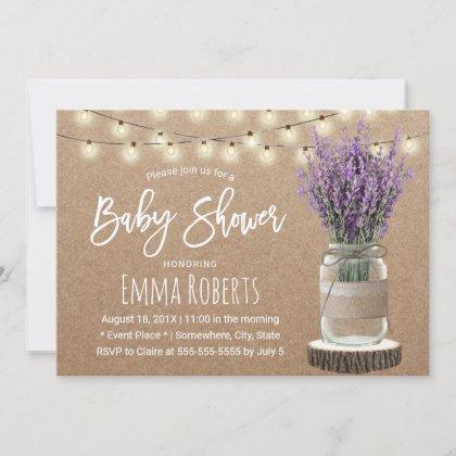 Rustic Lavender Floral Jar Kraft Baby Shower Invitation