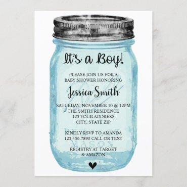 Rustic Mason Jar Baby Shower Invitation Boy Blue