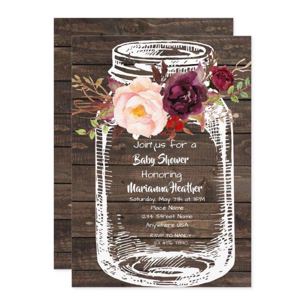 Rustic Mason Jar Boho Floral Marsala Baby Shower I