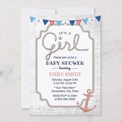 Rustic Nautical Baby Girl Shower Rose Gold Anchor Invitation
