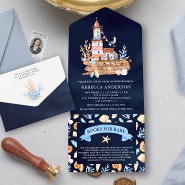 Rustic Navy Blue Nautical Lighthouse Baby Shower All In One