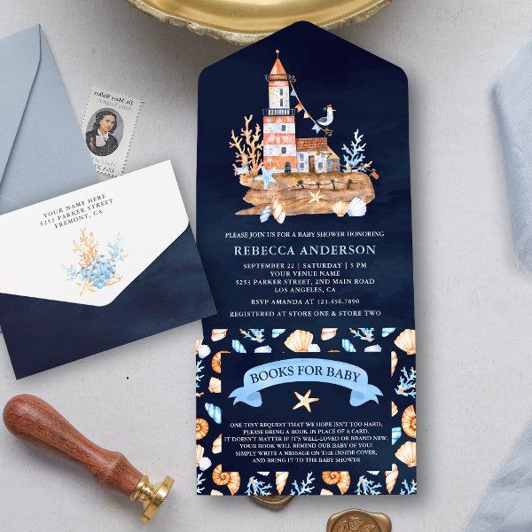 Rustic Navy Blue Nautical Lighthouse Baby Shower All In One