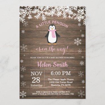 Rustic Penguin Winter Snowflake Girl Baby Shower Invitation