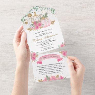 Rustic Pink and Gold Floral Pumpkin Baby Shower All In One Invitation