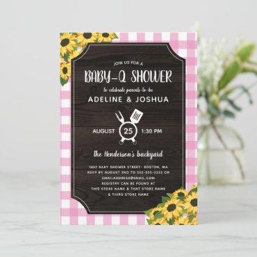 Rustic Pink Gingham Sunflowers Baby-Q Shower Invitation