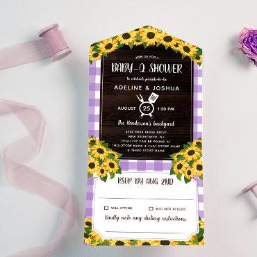 Rustic Purple Gingham Sunflowers Baby-Q Shower All In One