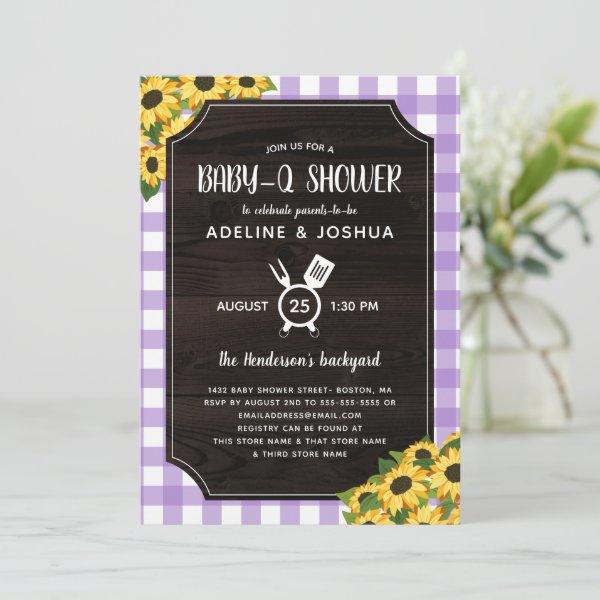 Rustic Purple Gingham Sunflowers Baby-Q Shower