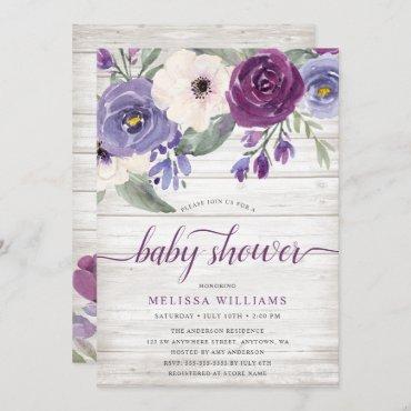 Rustic Purple Watercolor Floral Girl Baby Shower Invitation
