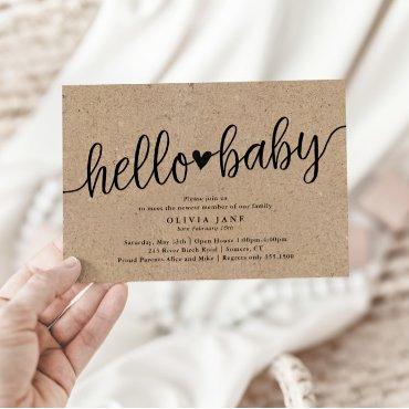 Rustic Script Kraft Hello Baby Sip and See Shower